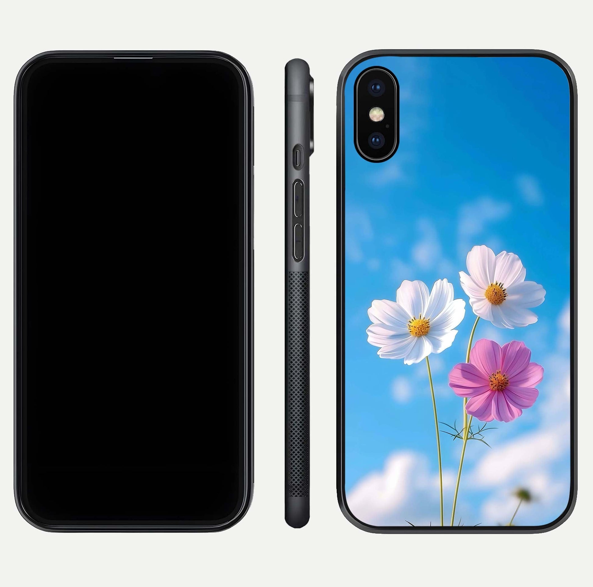 Triple Flowers With Sky Glass Case for iPhone X front & back layout showing vivid tones and glossy surface