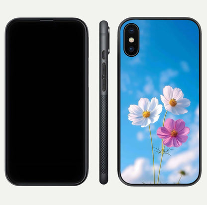 Triple Flowers With Sky Glass Case for iPhone X front & back layout showing vivid tones and glossy surface