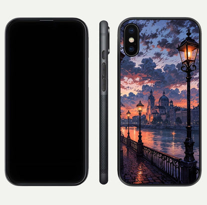 Twilight River Lights Glass Case for iPhone X front & back layout showing scenic artwork and smooth curved edges
