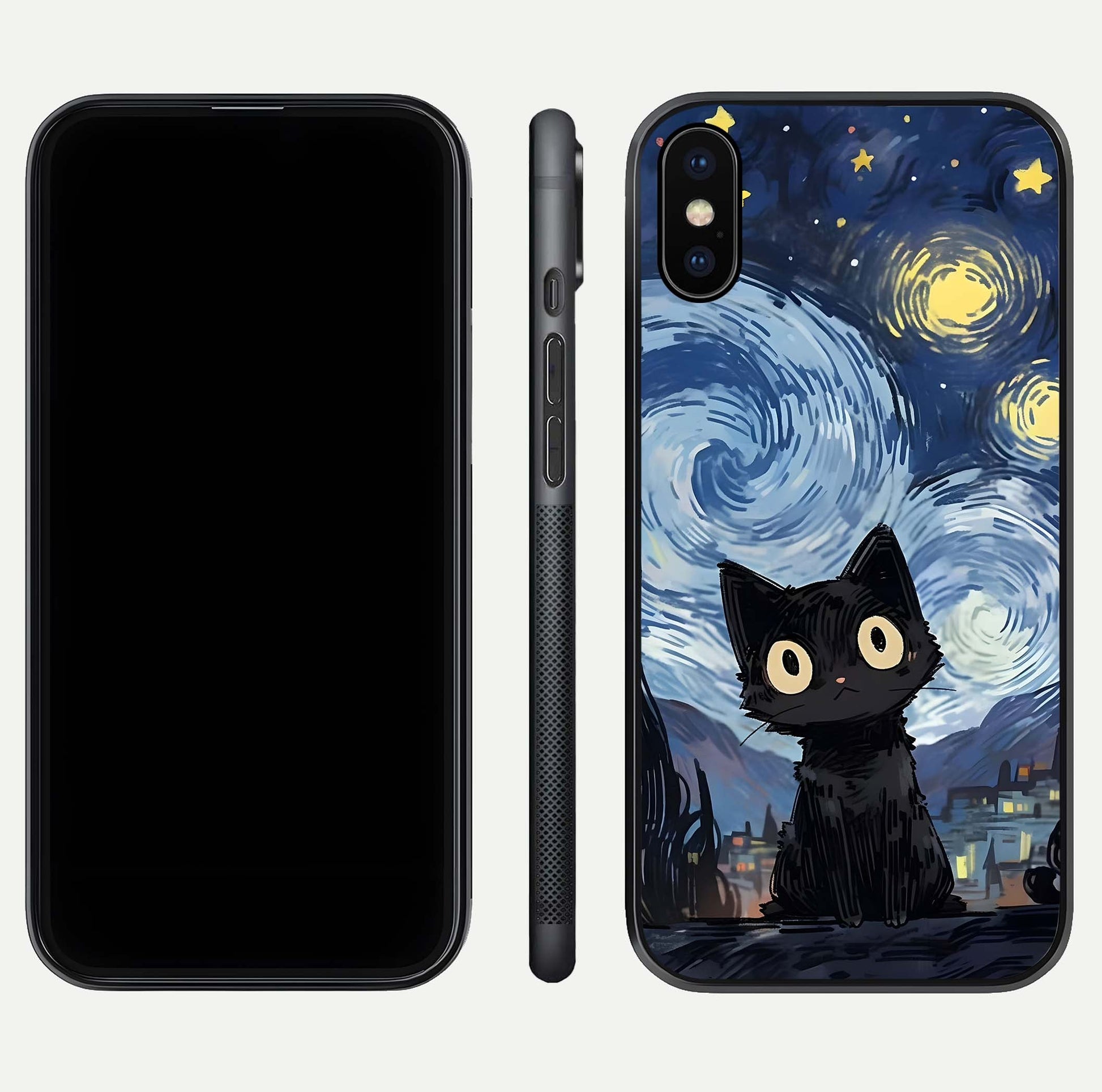 Van Gogh Cat Glass Case for iPhone X front & back layout showing detailed art print and curved glass edges