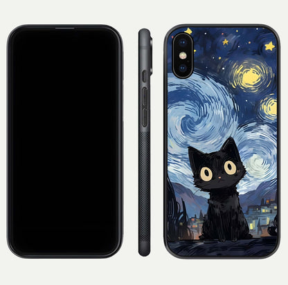 Van Gogh Cat Glass Case for iPhone X front & back layout showing detailed art print and curved glass edges