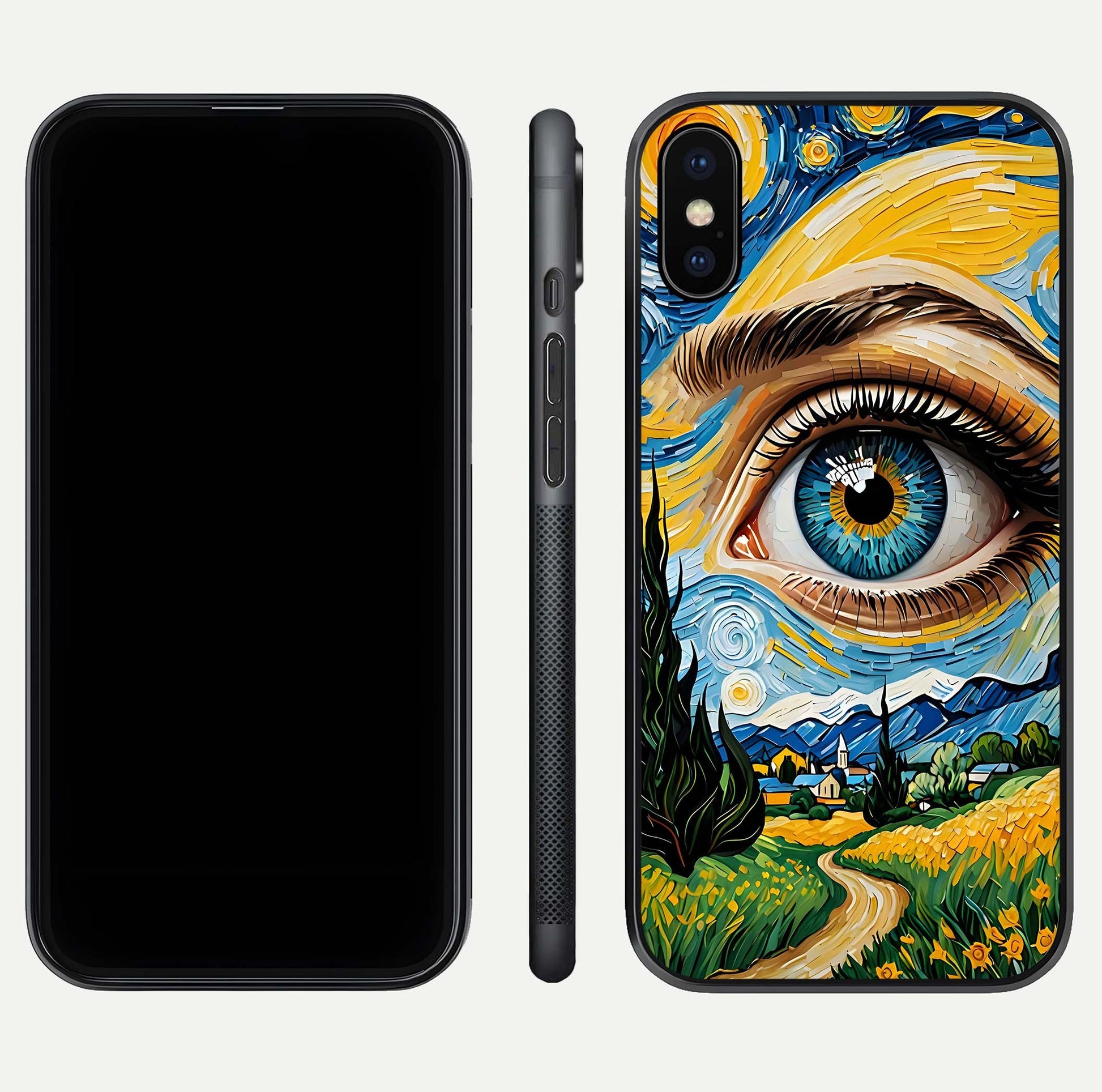 Van Gogh Eye Glass Case for iPhone 16 Pro front & back layout showing brushstroke detail and smooth finish