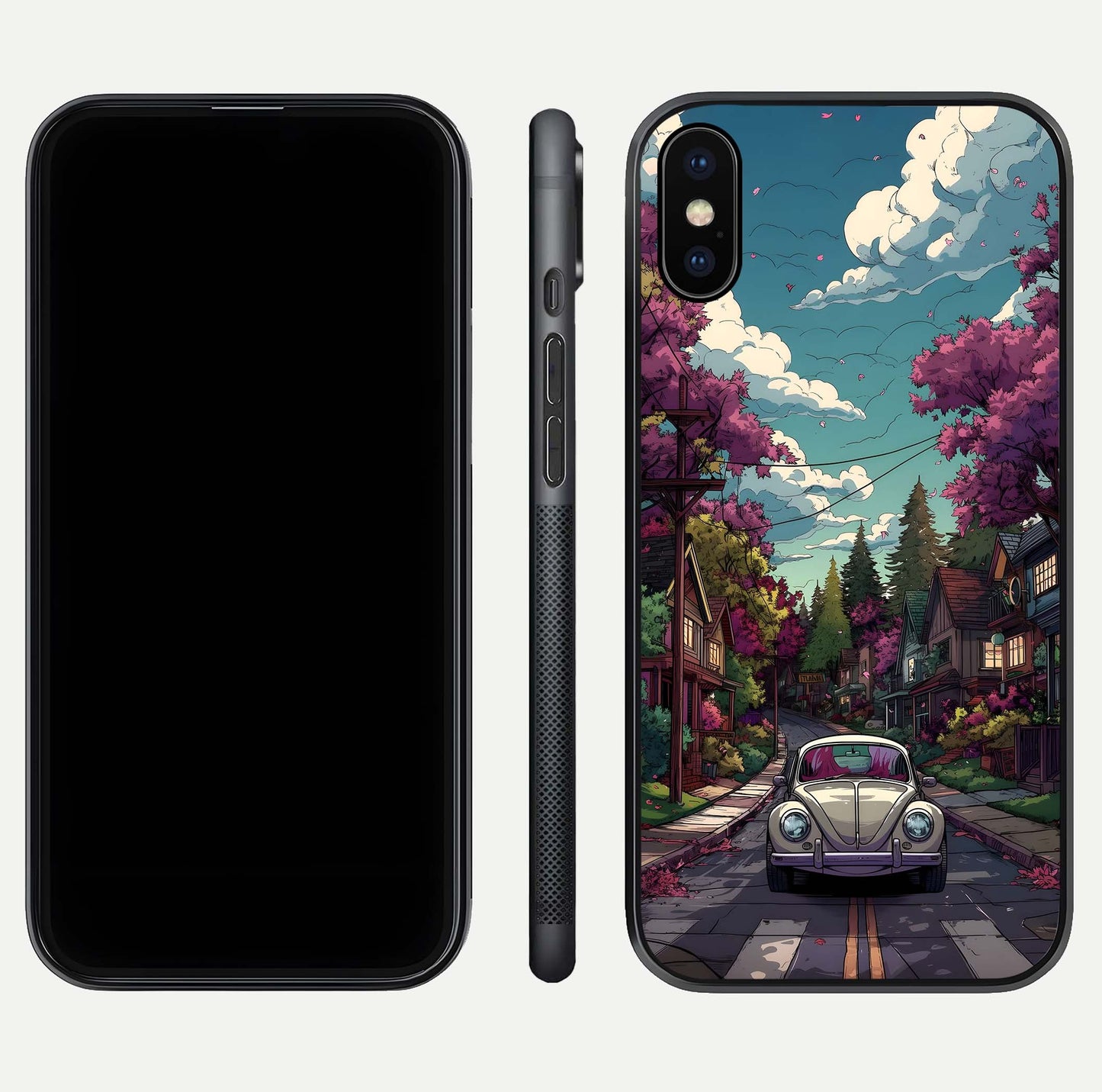 Vintage Street Drive Glass Case for iPhone X front & back layout showing retro street scene and edges