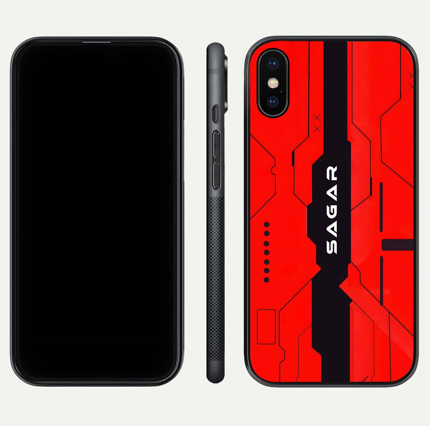 Voltage Rise CYBERPUNK Custom Name Glass Case for iPhone X front & back layout showing futuristic tones and sleek edge