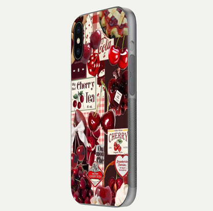 Aesthetic Cherry Tea Glass Case for iPhone 16 Pro side-angle image showing cherry collage print, camera module, and glossy finish reflection