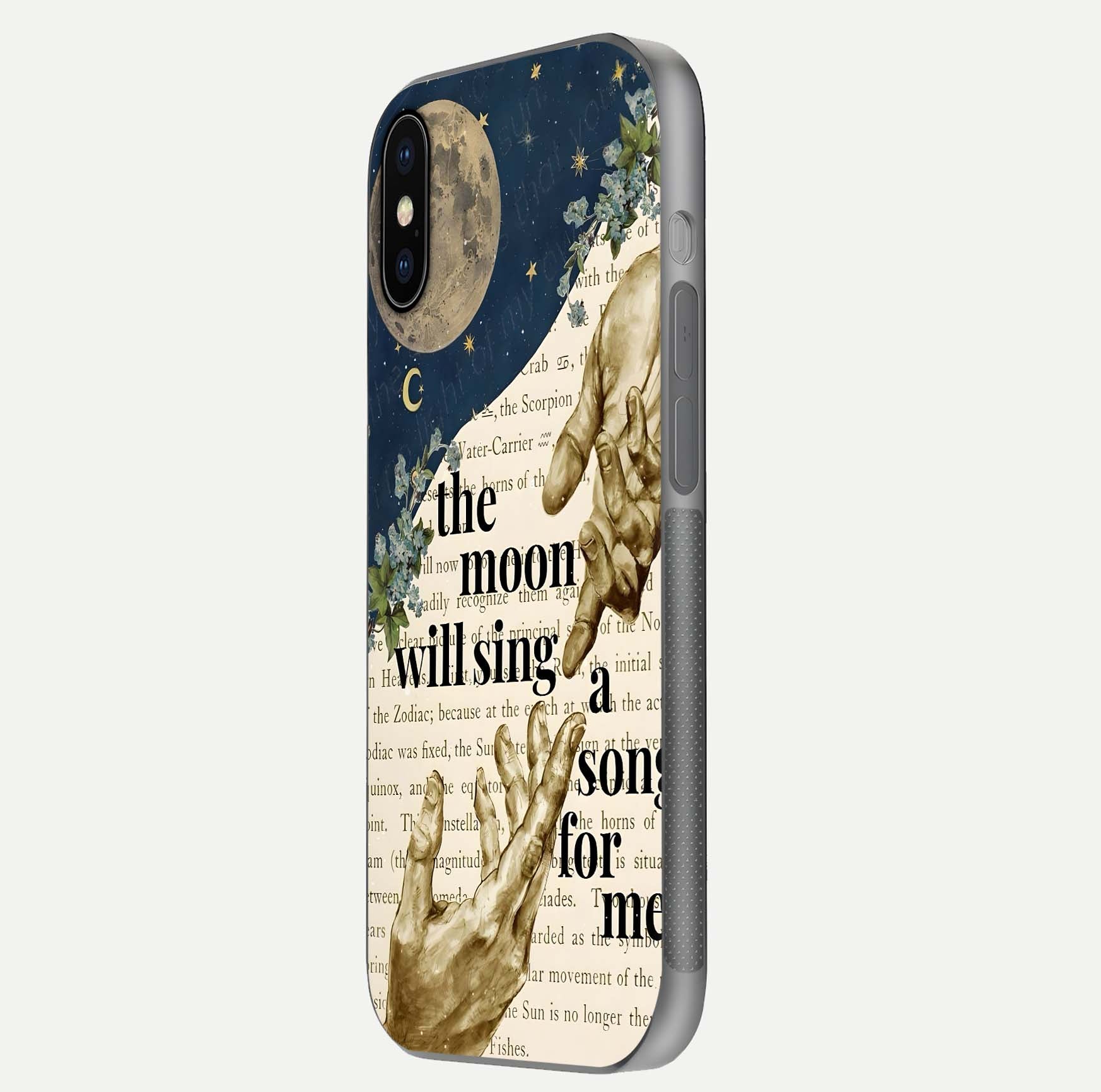 Aesthetic Divine Glass Case for iPhone 16 Pro side-angle image showing divine abstract design, camera module, and glossy finish reflection