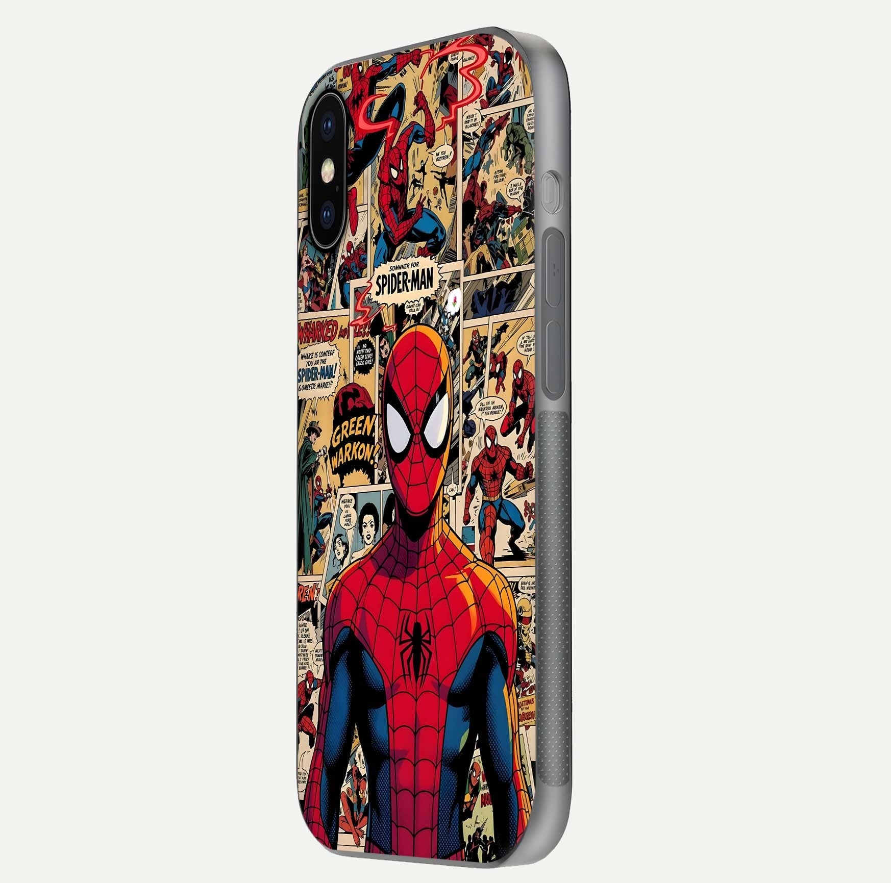Aesthetic Spider Man Glass Case for iPhone 16 Pro side-angle image showing superhero comic print, camera module, and glossy finish reflection