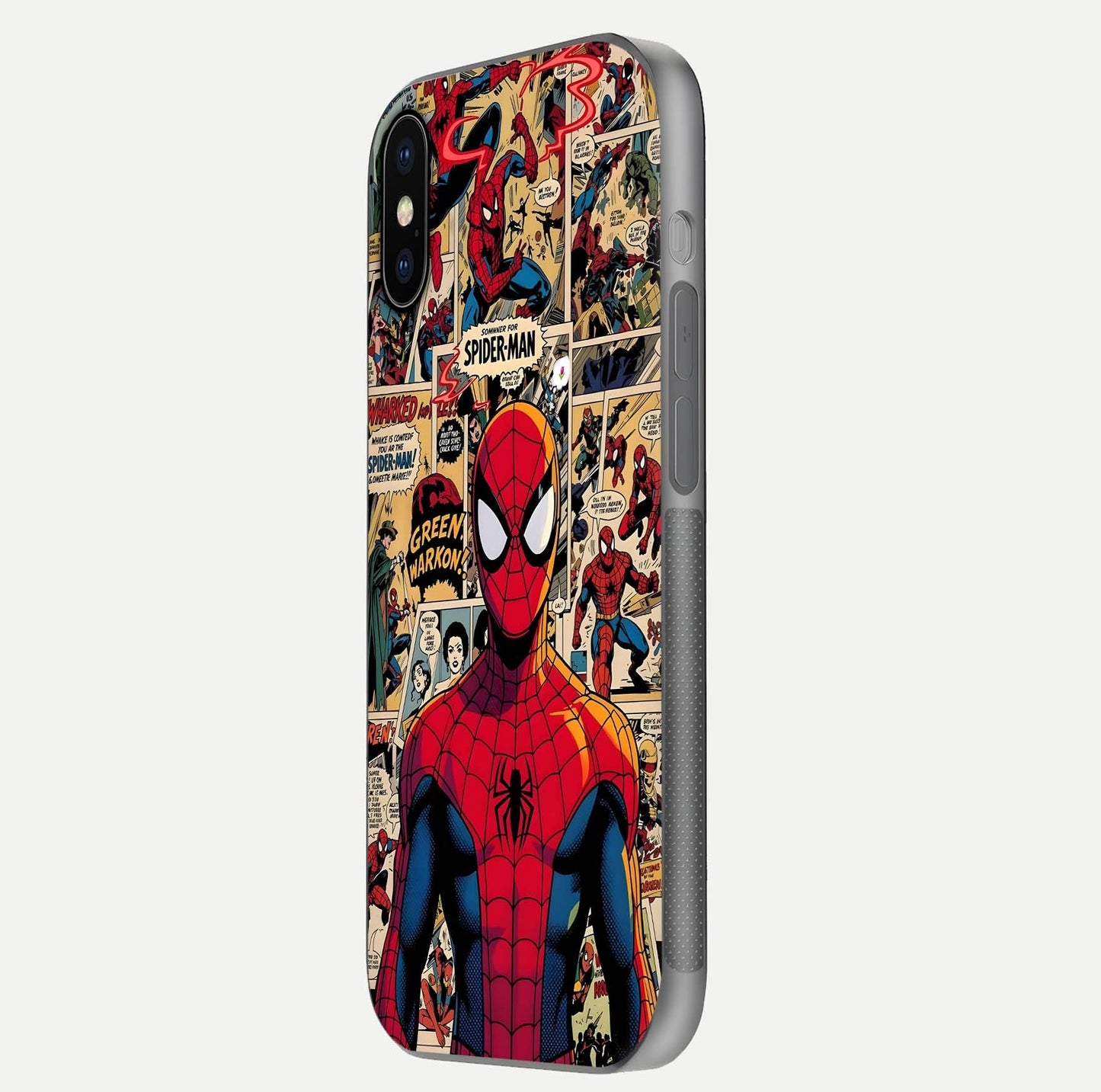 Aesthetic Spider Man Glass Case for iPhone 16 Pro side-angle image showing superhero comic print, camera module, and glossy finish reflection