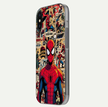 Aesthetic Spider Man Glass Case for iPhone 16 Pro side-angle image showing superhero comic print, camera module, and glossy finish reflection