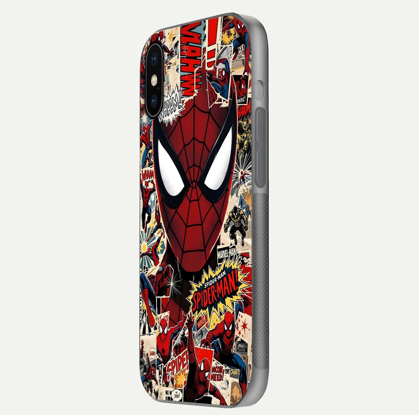Aesthetic Wonder Spider Glass Case for iPhone 16 Pro side-angle shot showing red-blue tones and durable protective frame