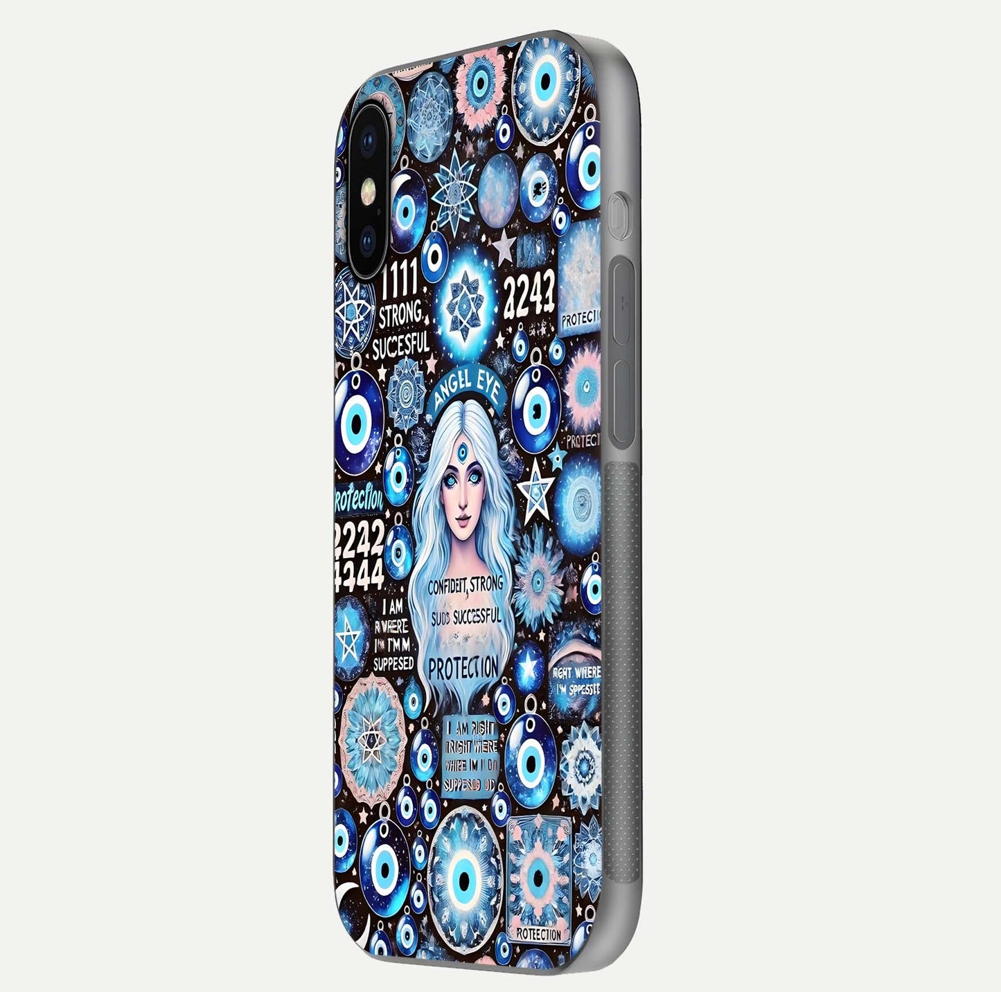 Angel Aura Shield Glass Case for iPhone X side-angle photo showcasing aura details and glossy surface reflection