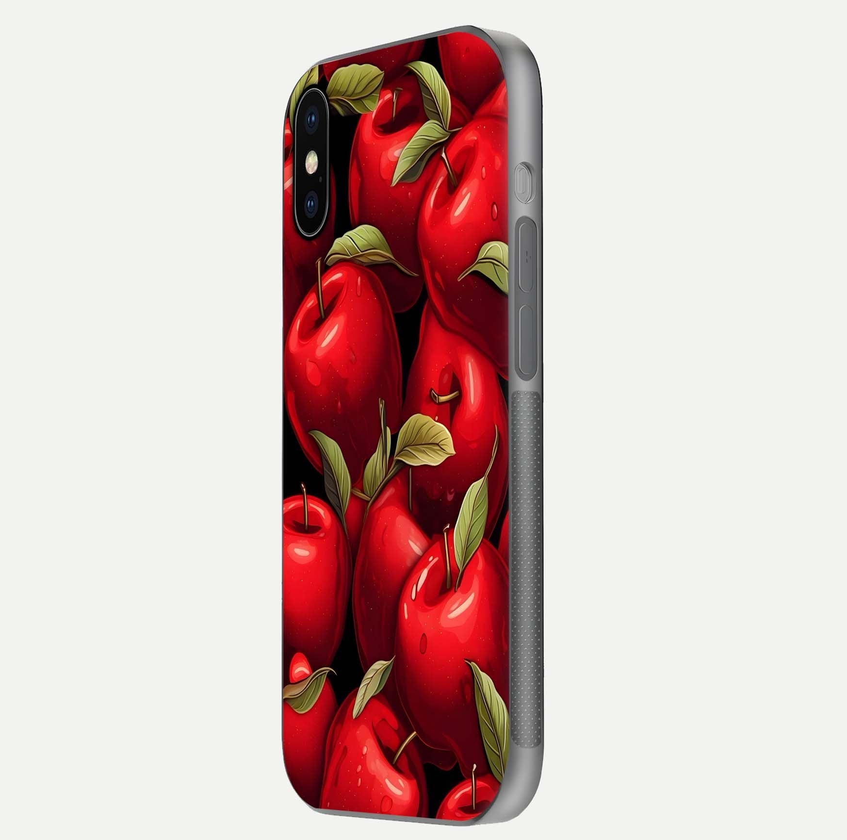 Apple Pattern Glass Case for iPhone X side-angle image showcasing minimalist apple print and gloss reflection