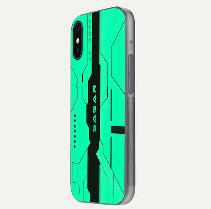 Aqua Tech CYBERPUNK Custom Name Glass Case for iPhone 16 Pro side-angle image with glowing edges and glossy surface