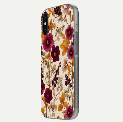 Autumn Wine Bloom Glass Case for iPhone X side-angle showcasing floral design, texture gloss, and camera frame