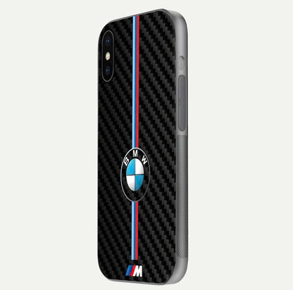 BMW Pattern Glass Case for iPhone X side-angle image showing edge finish and luxury car-inspired shine