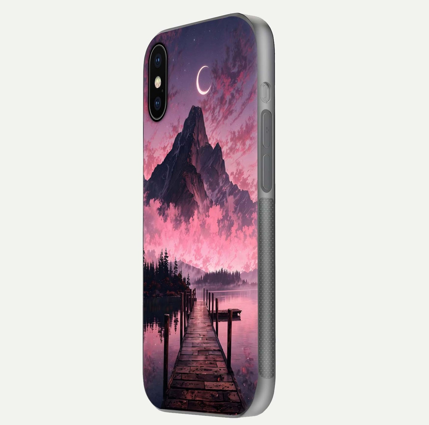 Beautyful Mountain View Glass Case for iPhone X side-angle image displaying mountain artwork and gloss surface
