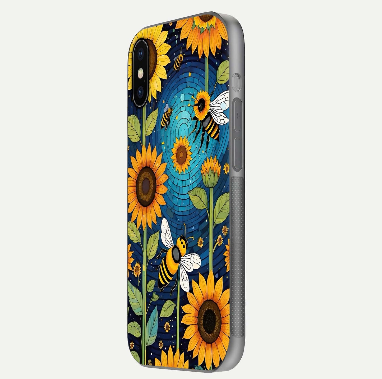 Bees & Sunflowers Glass Case for iPhone 16 Pro side-angle image showing bee pattern alignment and shiny protective surface