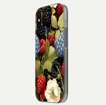 Berry Bloom Charm Glass Case for iPhone X side-angle image showing floral texture and high-definition print gloss