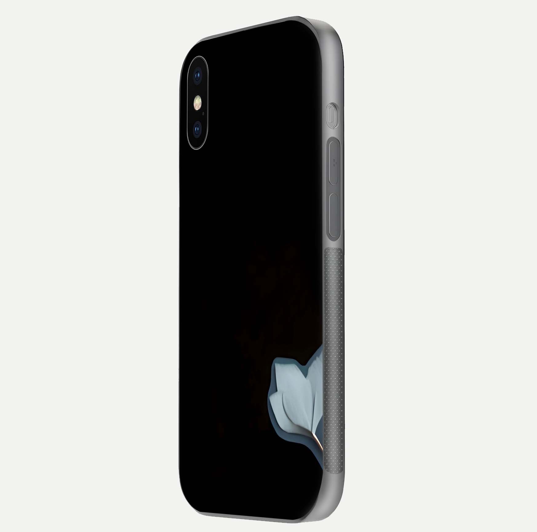 Black Elegance Floral Custom Name Glass Case for iPhone X side-angle showing black gloss depth and delicate print texture