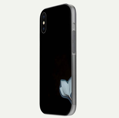 Black Elegance Floral Custom Name Glass Case for iPhone X side-angle showing black gloss depth and delicate print texture