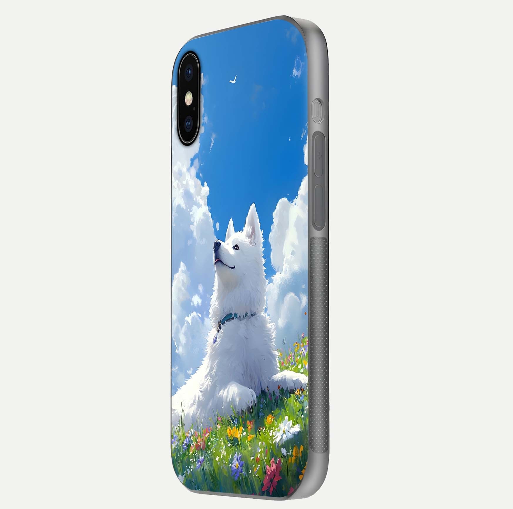 Blissful Cloud Pup Glass Case for iPhone X side-angle shot displaying puppy print and glossy texture