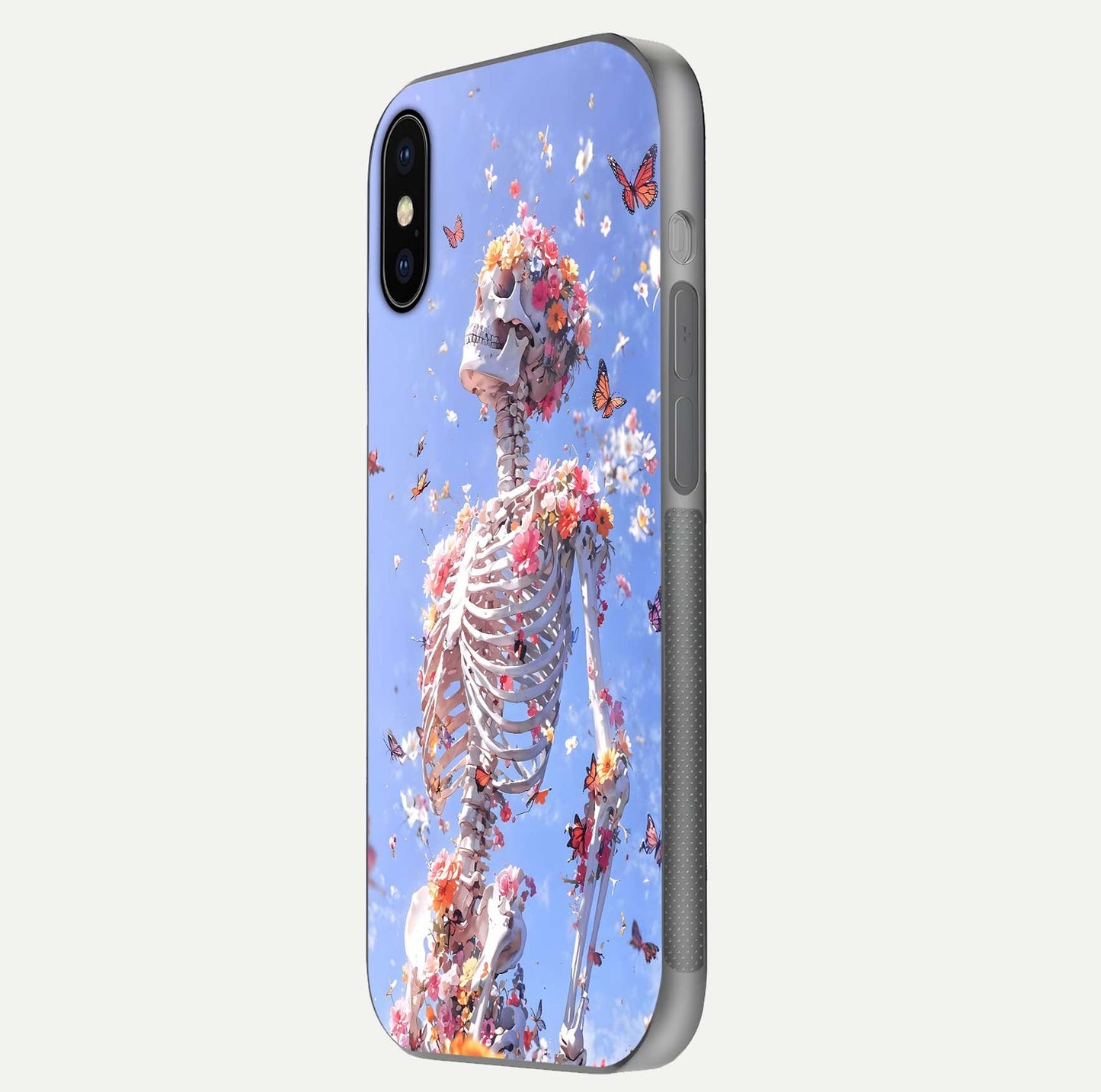 Bloom Beyond Bones Glass Case for iPhone X side-angle image highlighting print precision and gloss finish