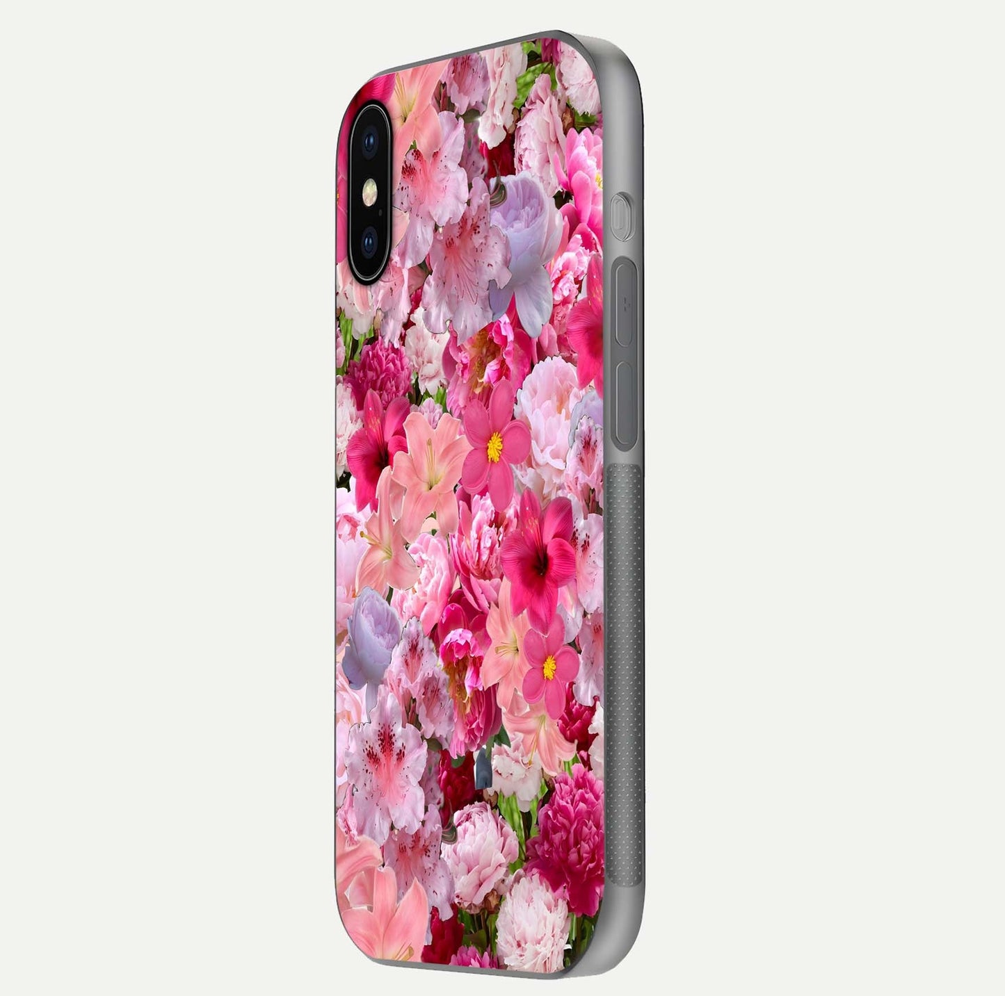 Bloom Crush Fantasy Glass Case for iPhone X side-angle shot with fantasy bloom art and gloss surface
