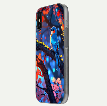 Blooming Spendor Bird Glass Case for iPhone X side-angle photo showing floral wings and reflection finish