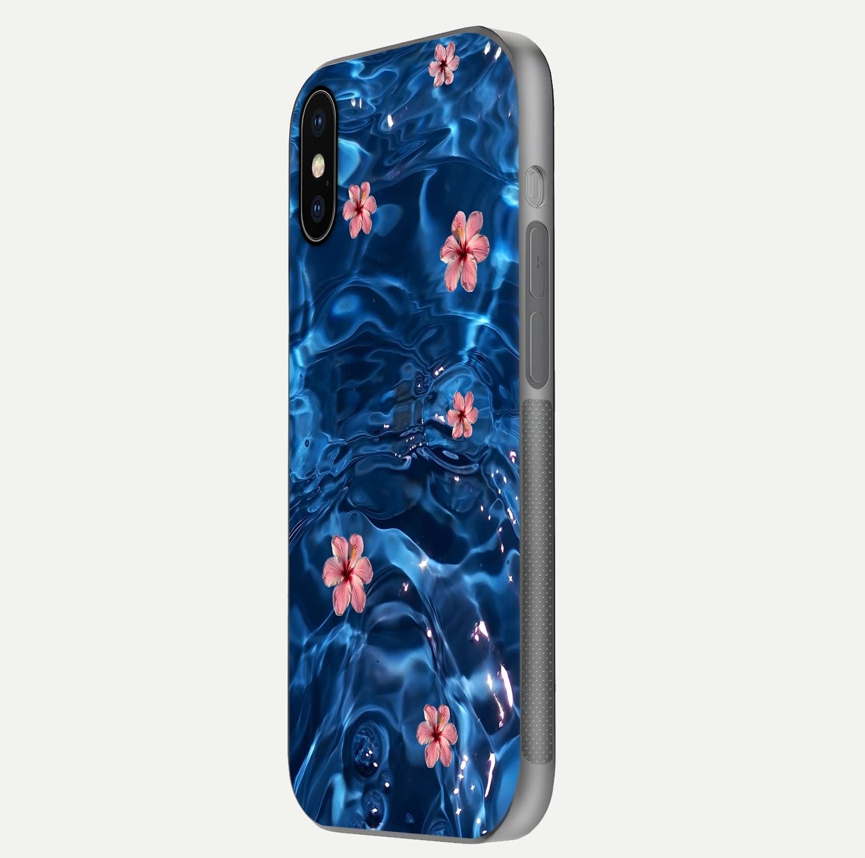 Blooming Water Drift Glass Case for iPhone X side-angle image showcasing blossom flow, curved corners, and HD glass gloss