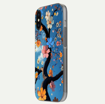 Blossom Dream Sky Glass Case for iPhone X side-angle photo showing flower details, edge curve, and reflection shine