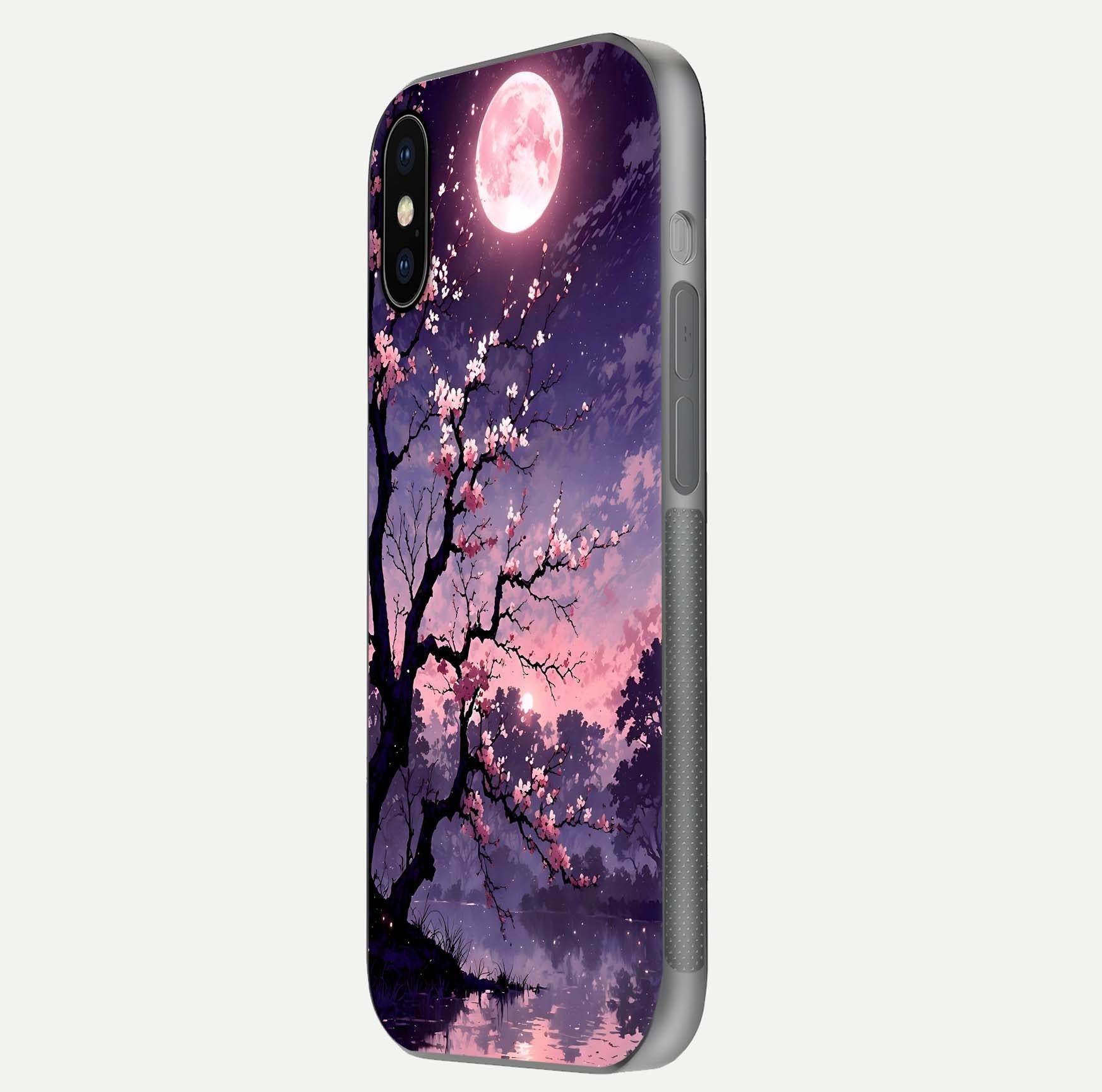 Blossom Pink Moon Glass Case for iPhone X side-angle image showing glossy curve and floral-moon balance