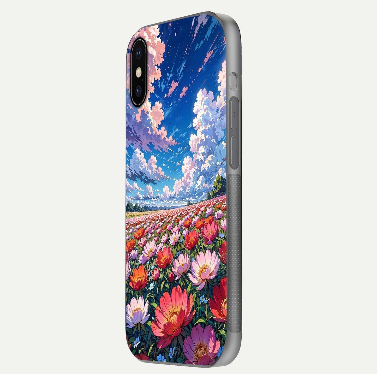 Blossom Sky Field Glass Case for iPhone X side-angle showing sky hues, blossom texture, and reflective shine