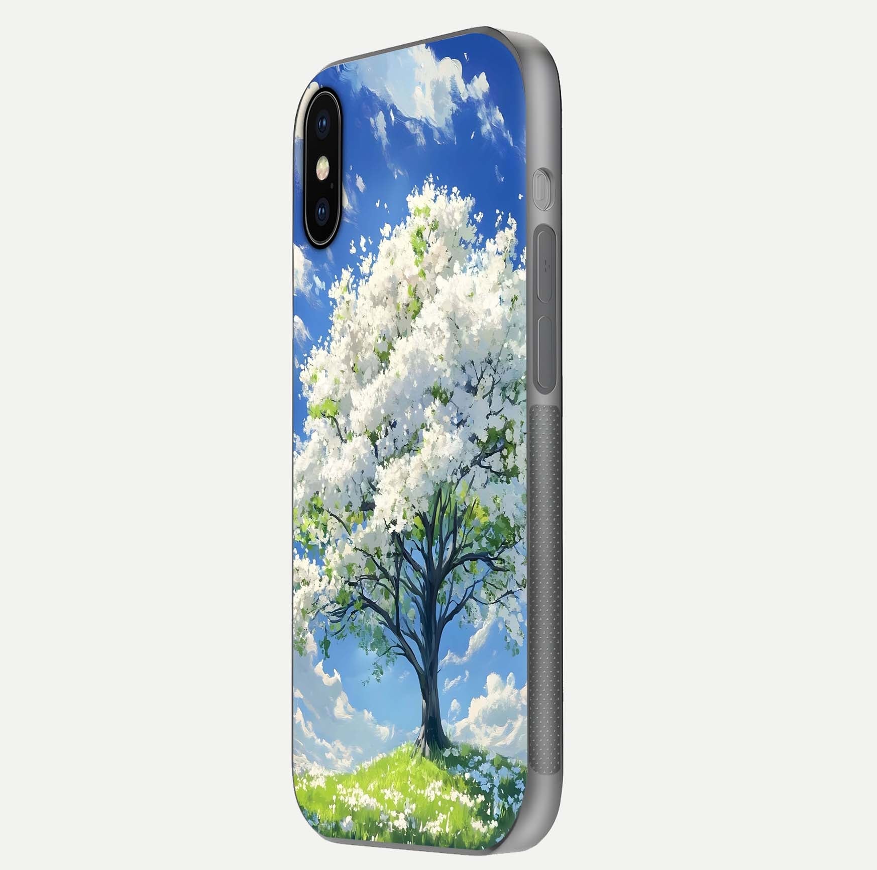 Blossom Sky Serenity Glass Case for iPhone X side-angle image showing elegant edge flow and light reflection