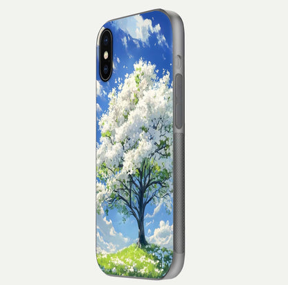 Blossom Sky Serenity Glass Case for iPhone X side-angle image showing elegant edge flow and light reflection