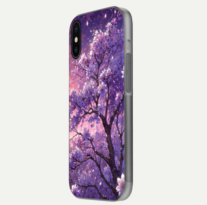 Blossom Tree Glass Case for iPhone X side-angle image showing floral tree artwork and reflection gloss
