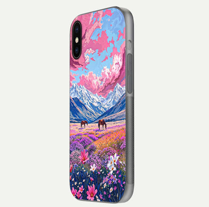 Blossom Valley Dream Glass Case for iPhone X side-angle shot showcasing bloom tones and gloss texture