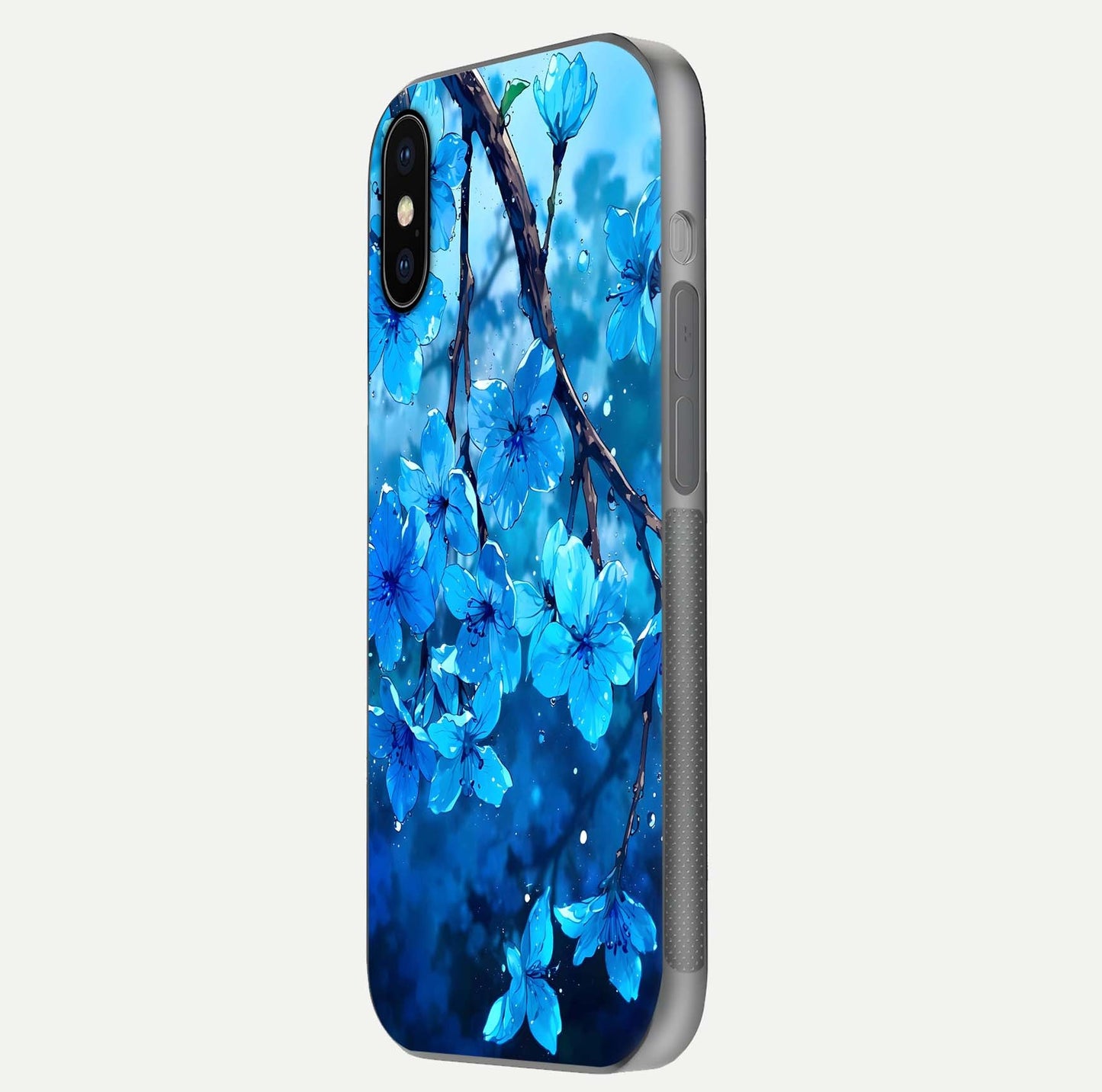 Blue Blossoms Branch Glass Case for iPhone X side-angle image showing blossom pattern flow and glossy texture