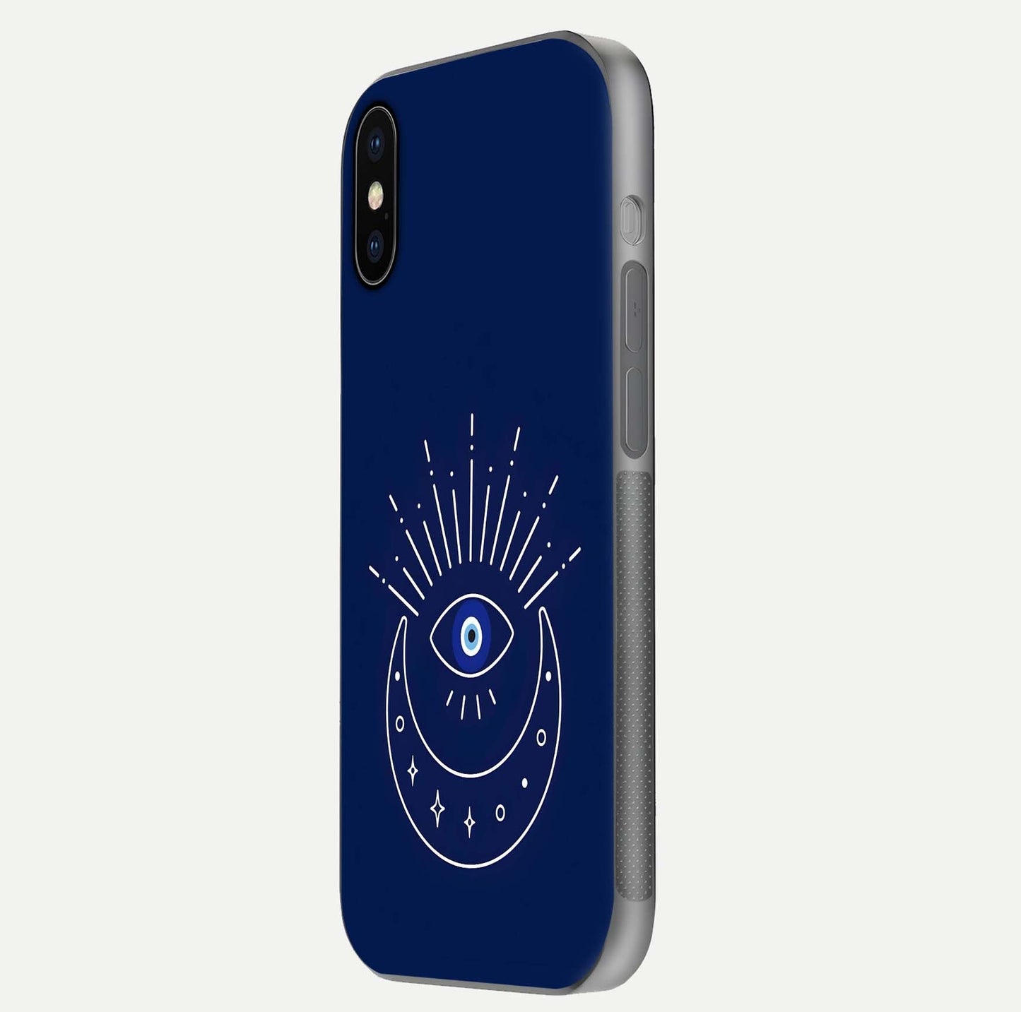 Blue Evil Eye Glass Case for iPhone X side-angle view showing edge glow, color balance, and reflective surface
