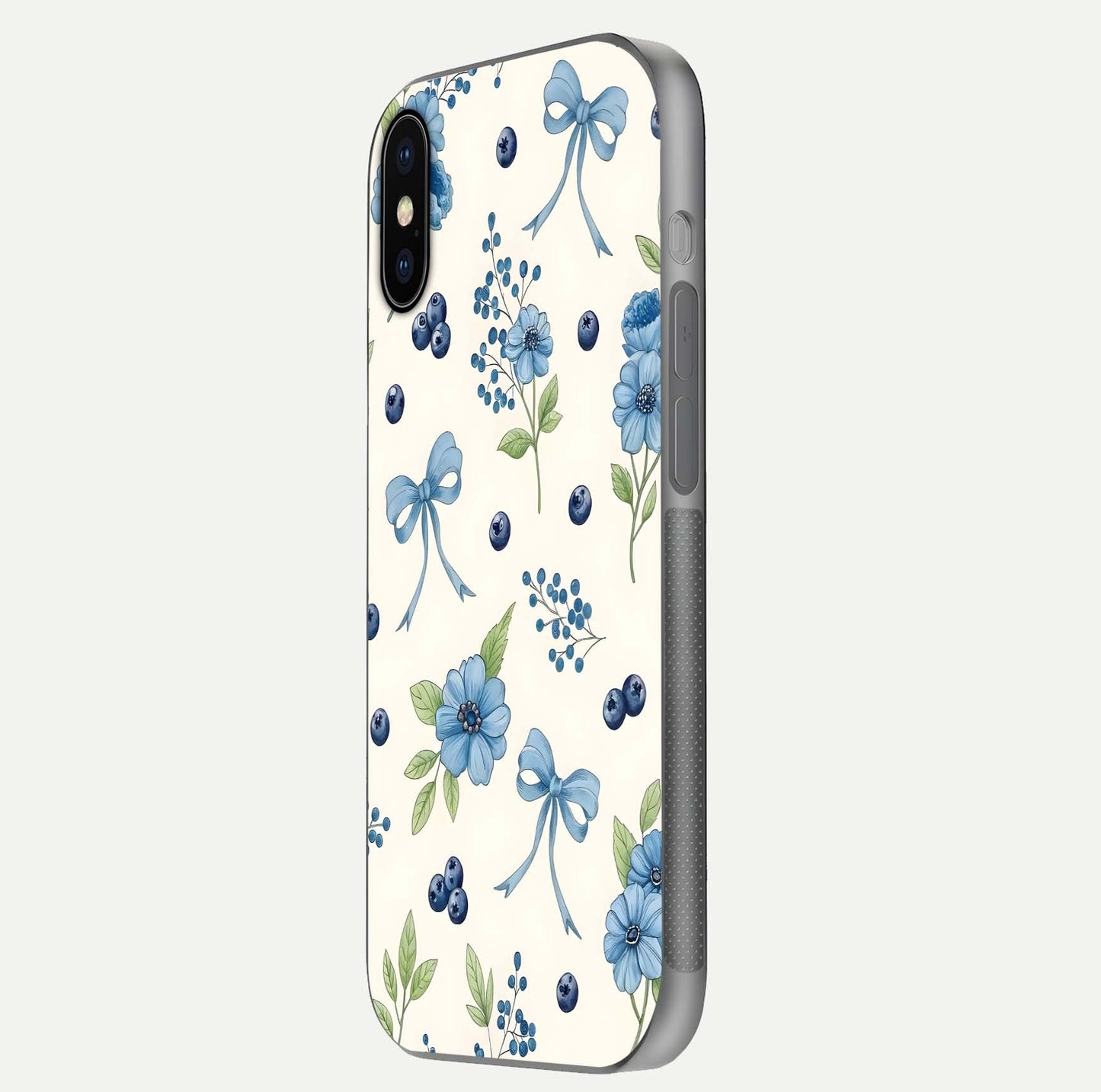 Blue Flower & Bow Glass Case for iPhone X side-angle image showing bow-floral mix and HD finish shine