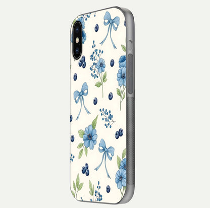 Blue Flower & Bow Glass Case for iPhone X side-angle image showing bow-floral mix and HD finish shine