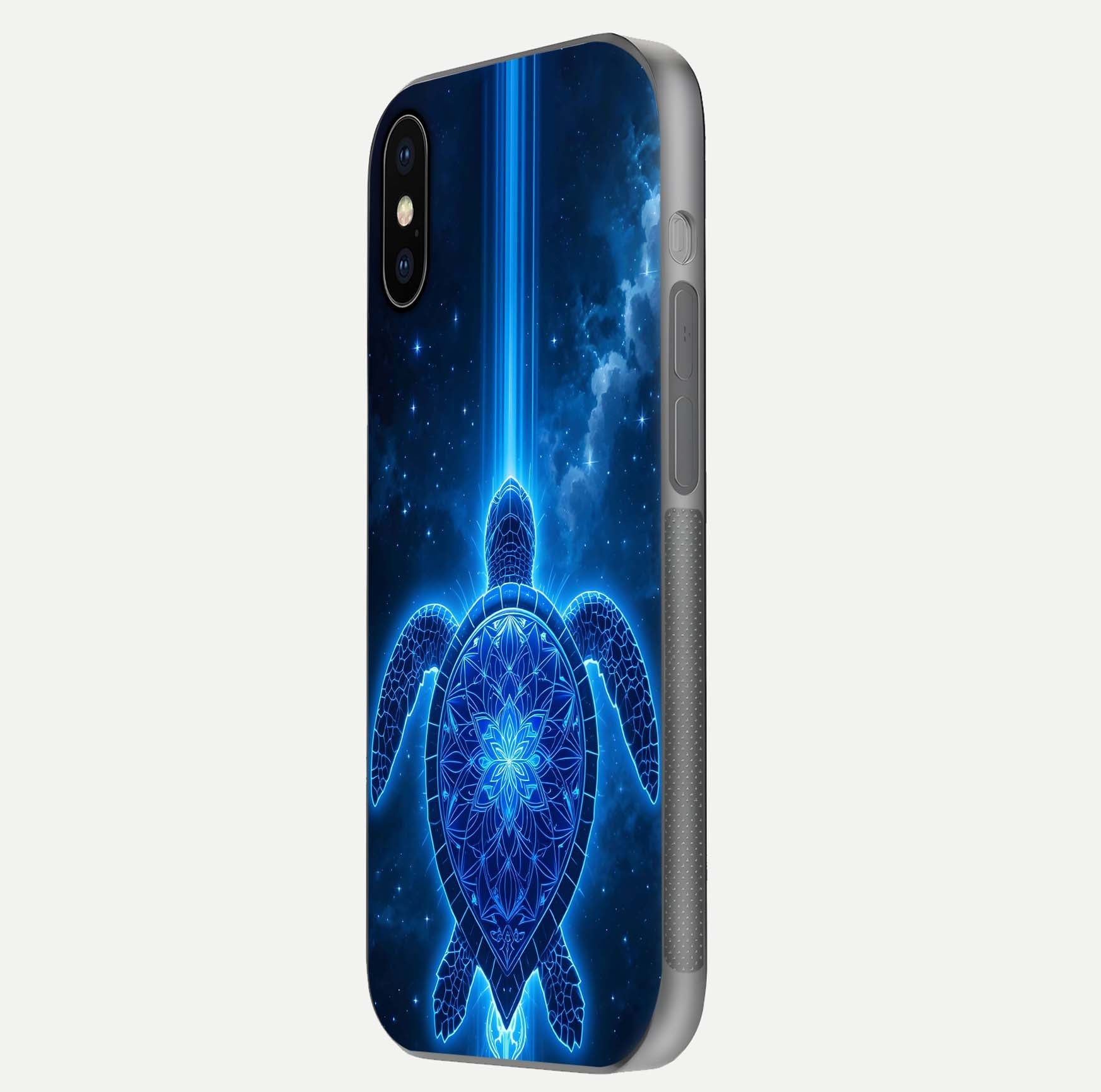 Blue Galaxy Turtle Glass Case for iPhone X side-angle photo capturing galaxy shine and smooth edge design