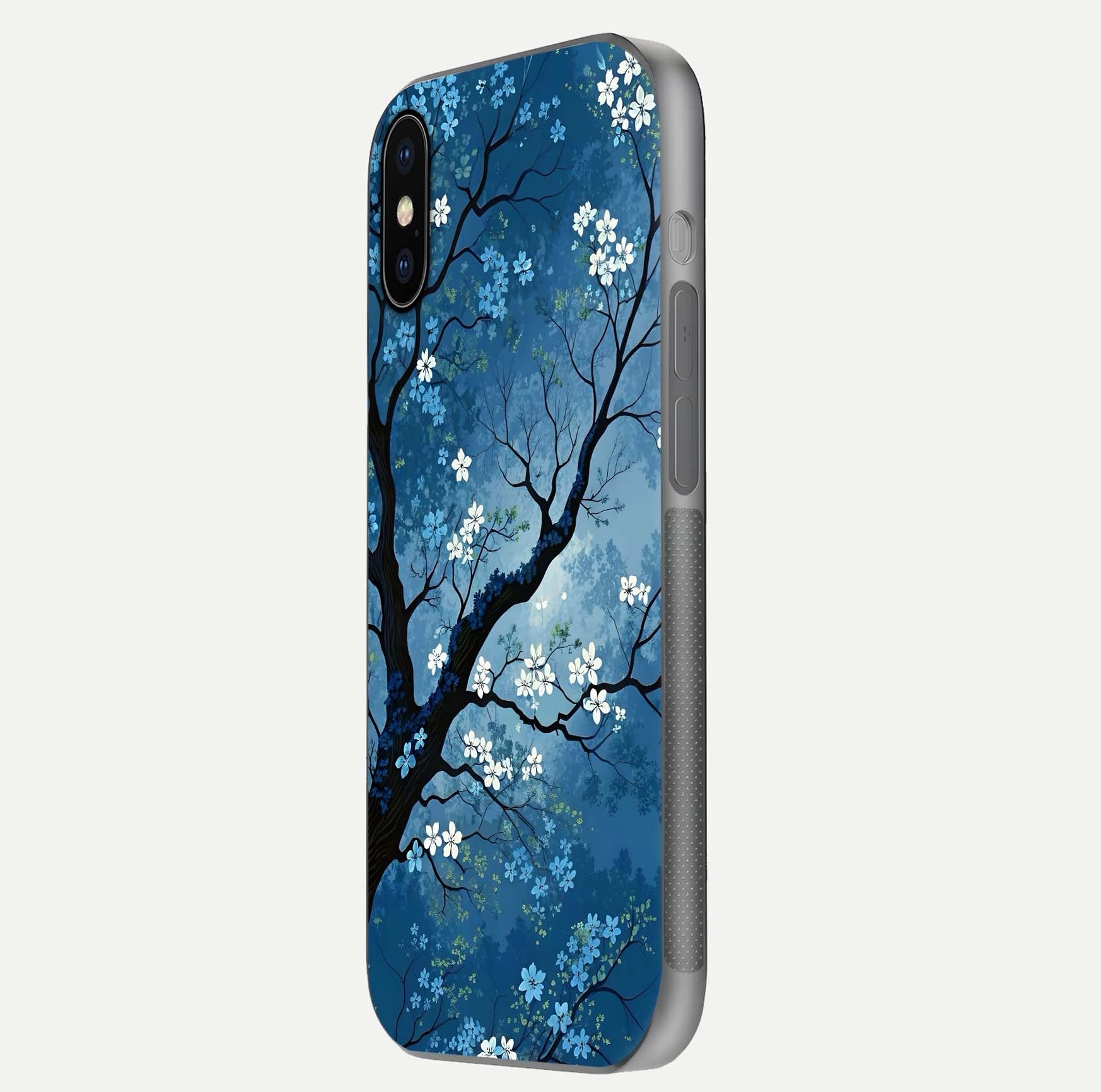 Blue Tree Serenity Glass Case for iPhone X side-angle shot showing glossy edge and tree pattern reflection