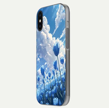 Blue Tulip Clouds Glass Case for iPhone X side-angle image showing edge curve and flower reflection glow
