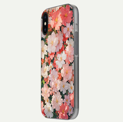 Blush Bloom Field Glass Case for iPhone X side-angle image showing petal pattern gloss and smooth edges