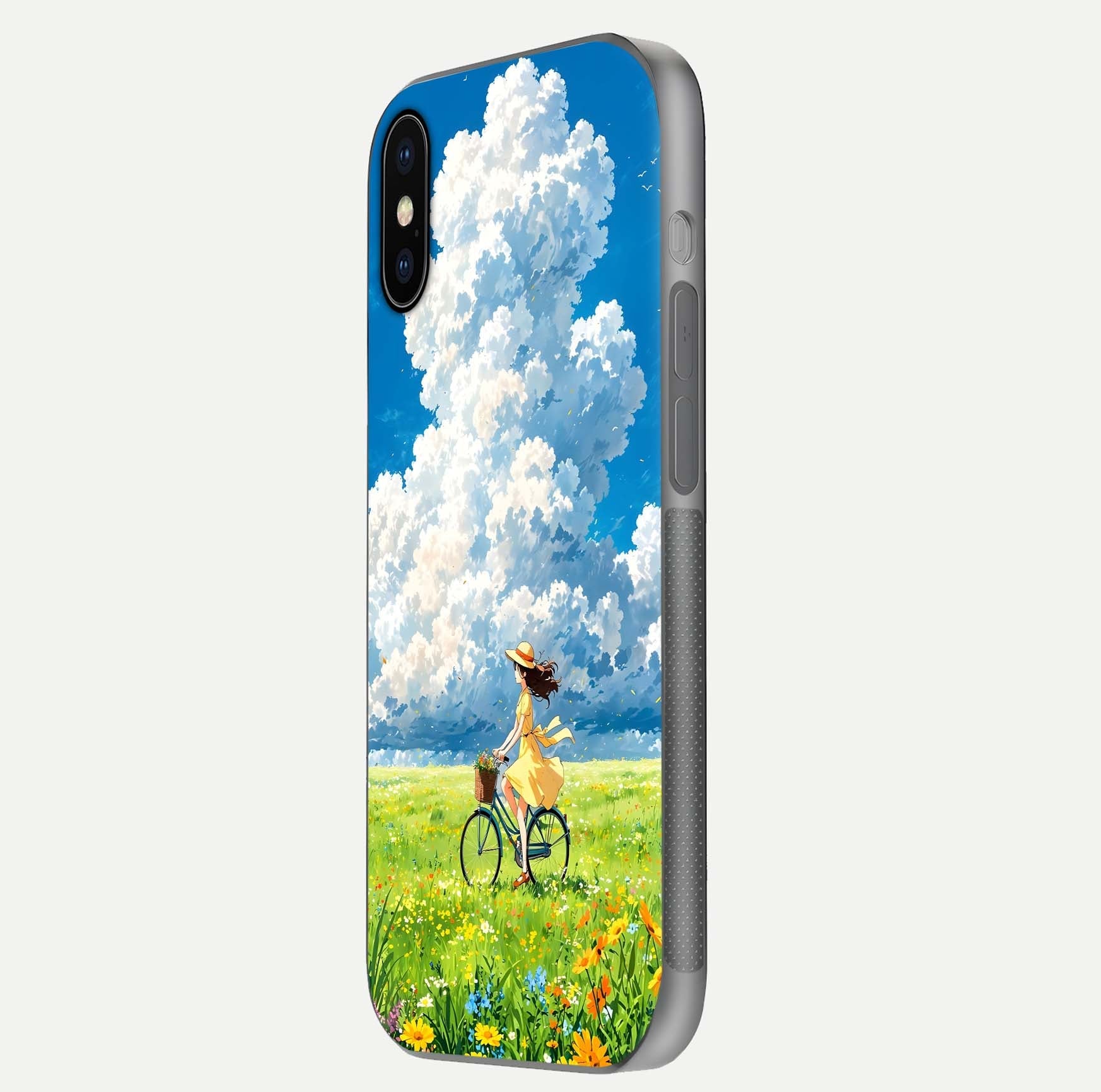 Breezy Meadow Ride Glass Case for iPhone X side-angle image showing floral details and edge glow
