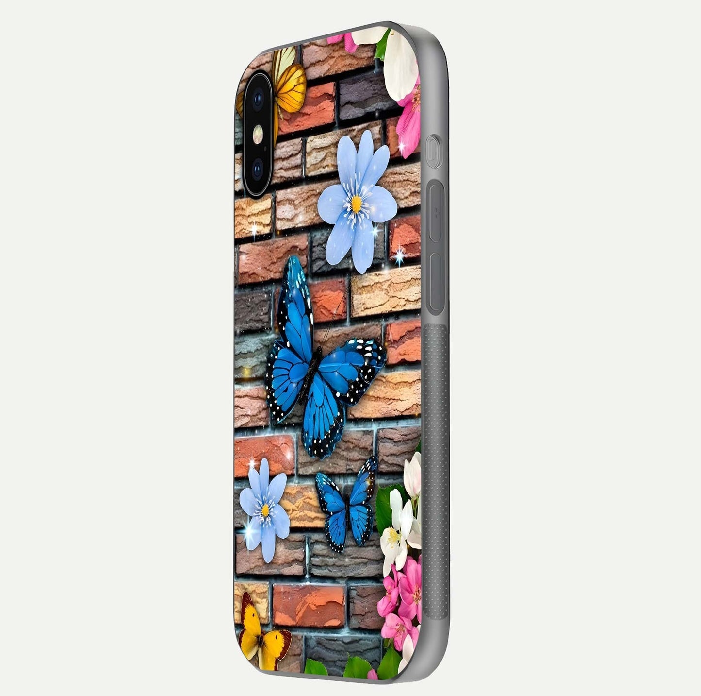 Brick Bloom Flight Glass Case for iPhone X side-angle photo showing curve shine and detailed petal contrast