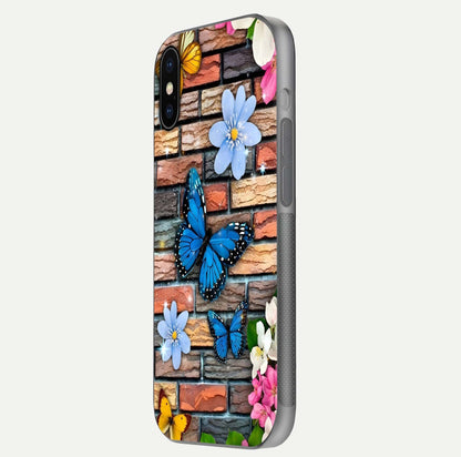 Brick Bloom Flight Glass Case for iPhone X side-angle photo showing curve shine and detailed petal contrast