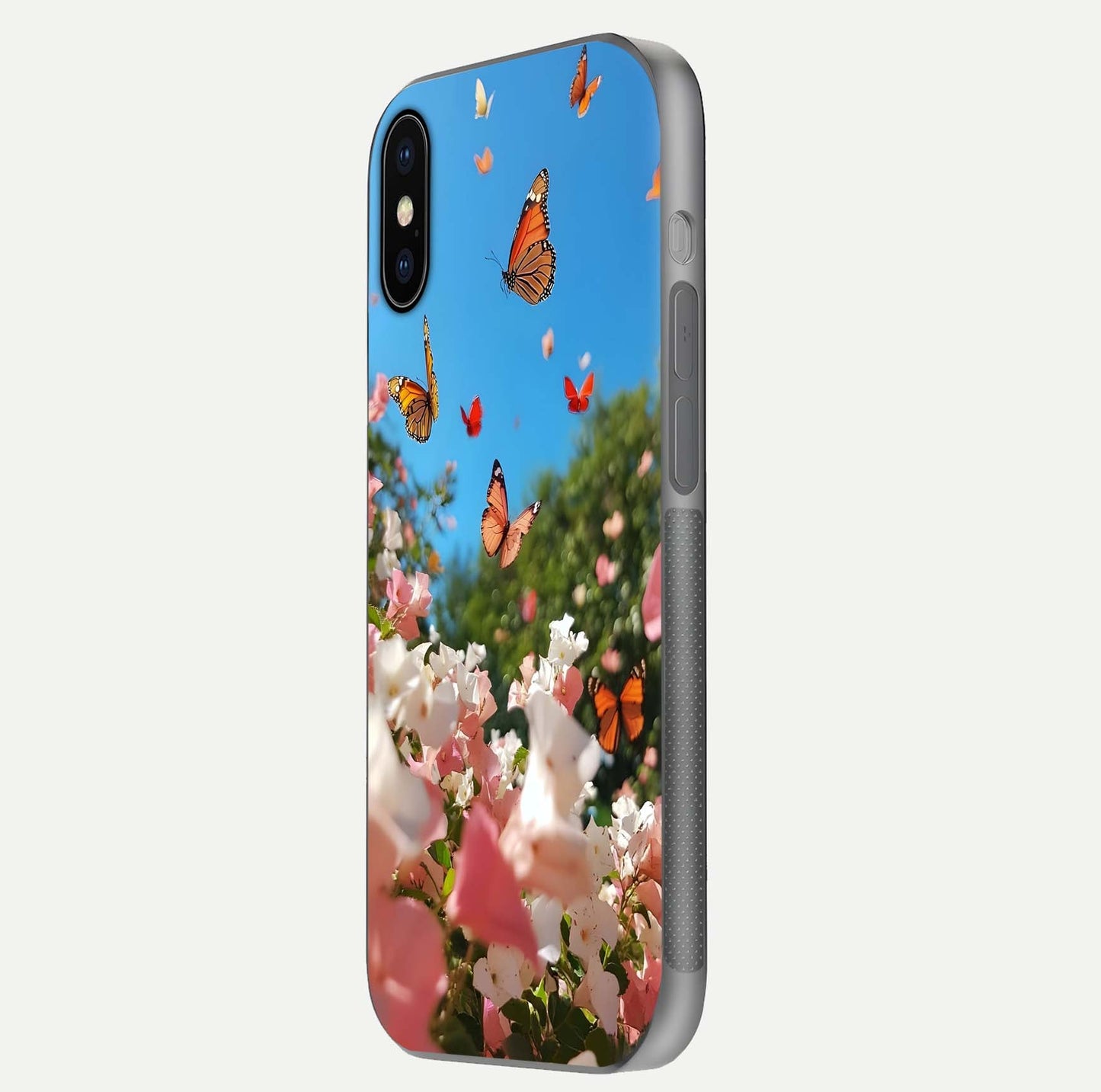 Butterflies in Bloom Sky Glass Case for iPhone X side-angle image showing delicate details and gloss polish