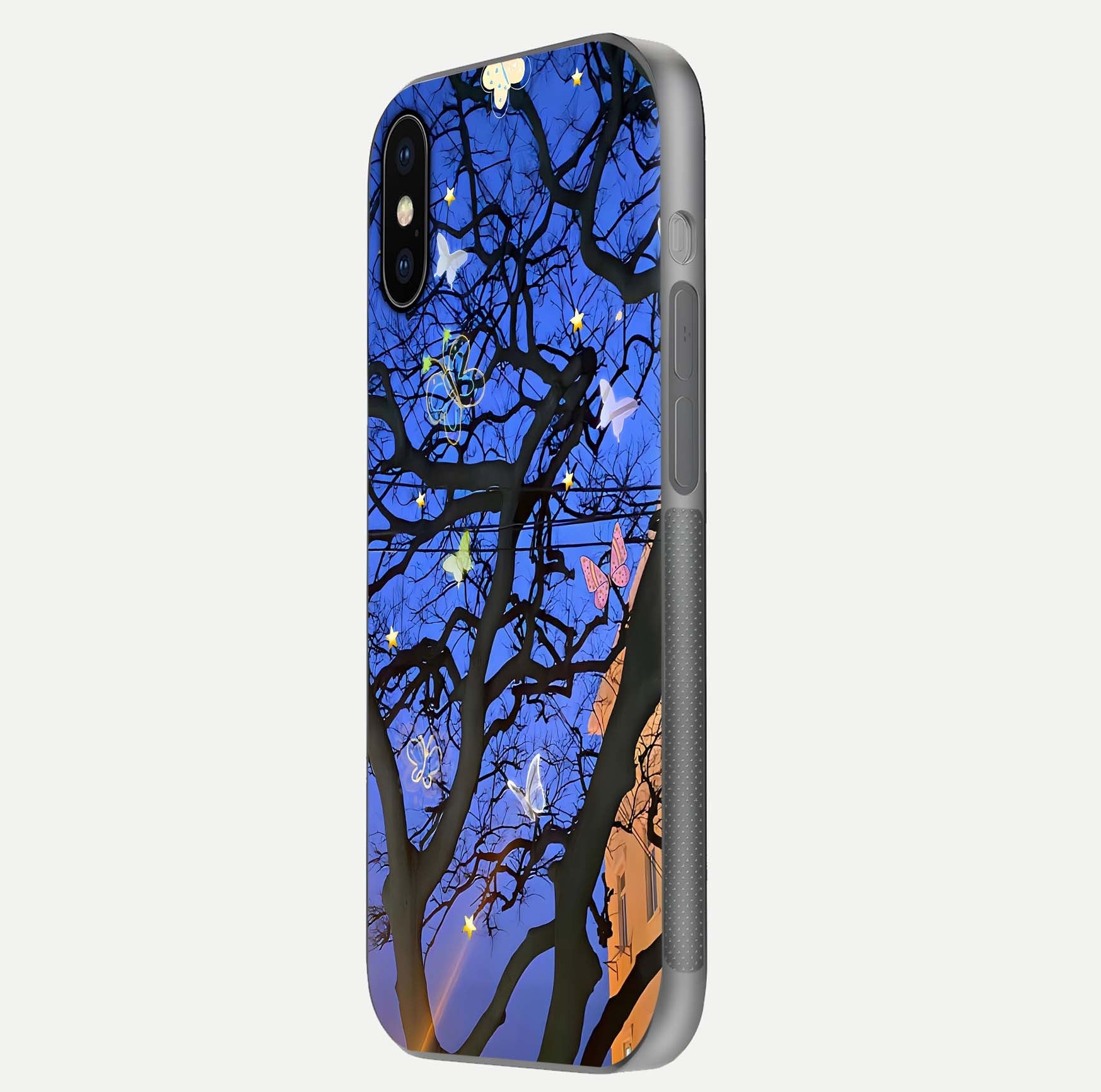 Butterfly Night Magic Glass Case for iPhone X side-angle view capturing butterfly contrast and glossy depth