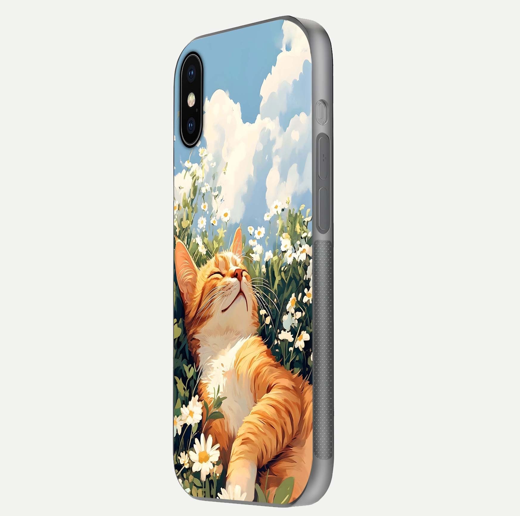 Cat & Flowers View Glass Case for iPhone X side-angle image capturing cat print clarity and gloss tone